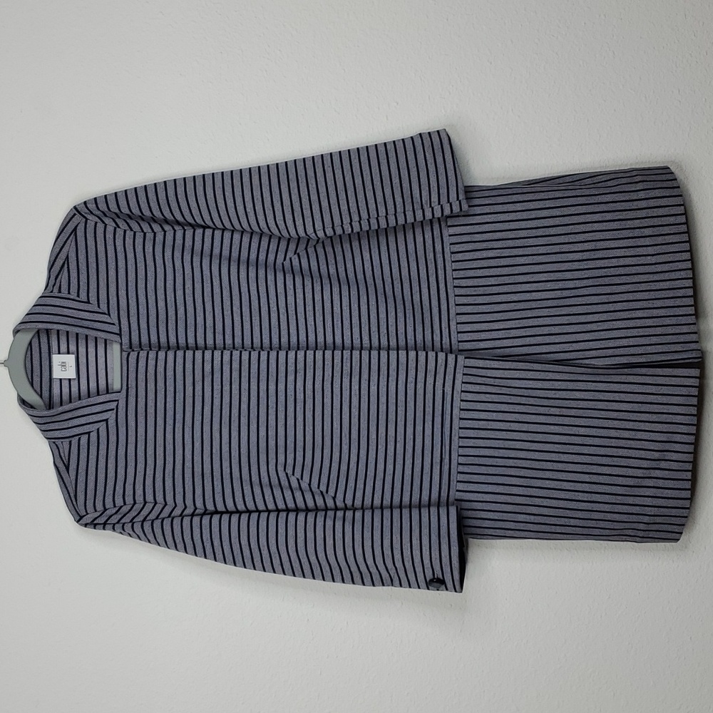 Cabi Dappled Stripe Car Jacket Navy Gray Inverted Collar Longline Womens L 5474